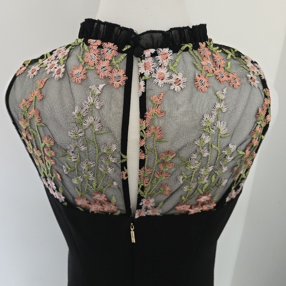 Karl Lagerfeld Paris Embroidered Floral Neckline Black Dress - Picture 6 of 10